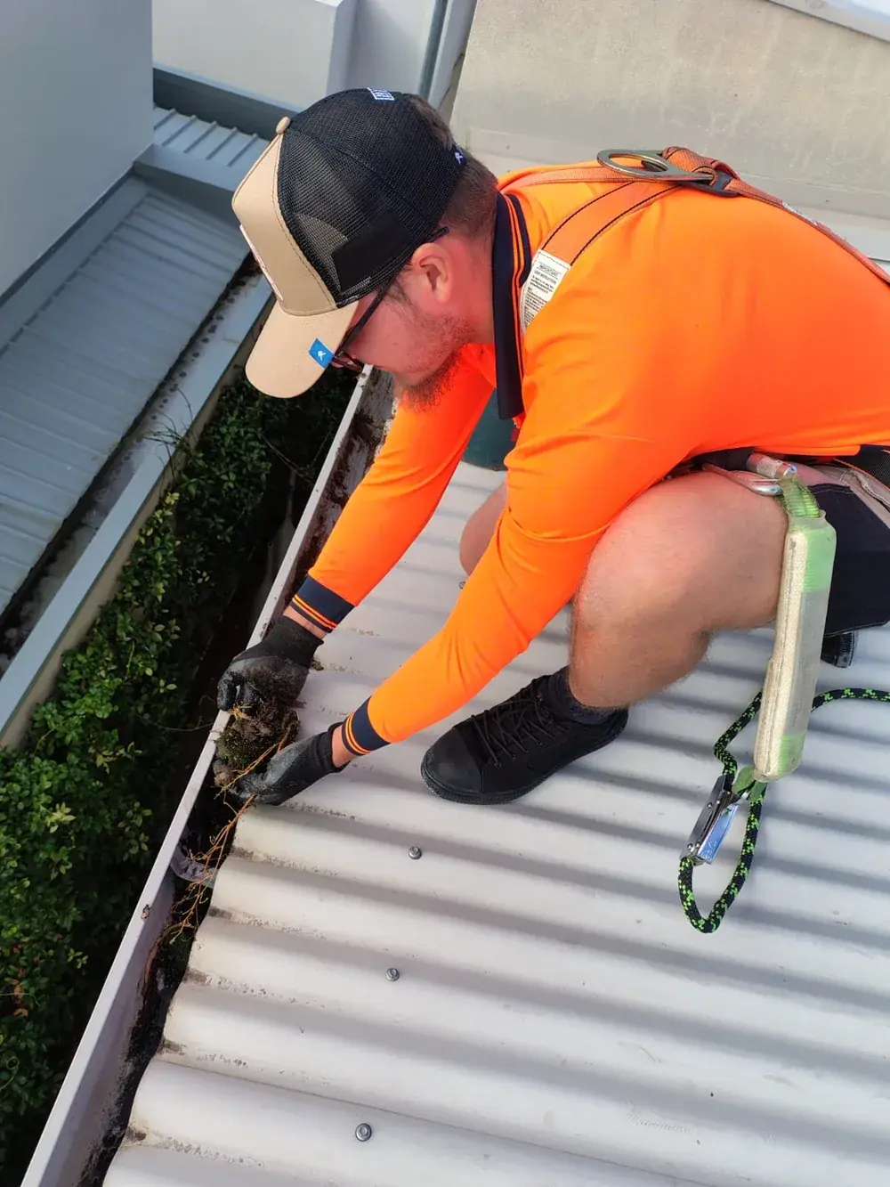 Gutter cleaning technician clearing a gutter on a leafy Perth street